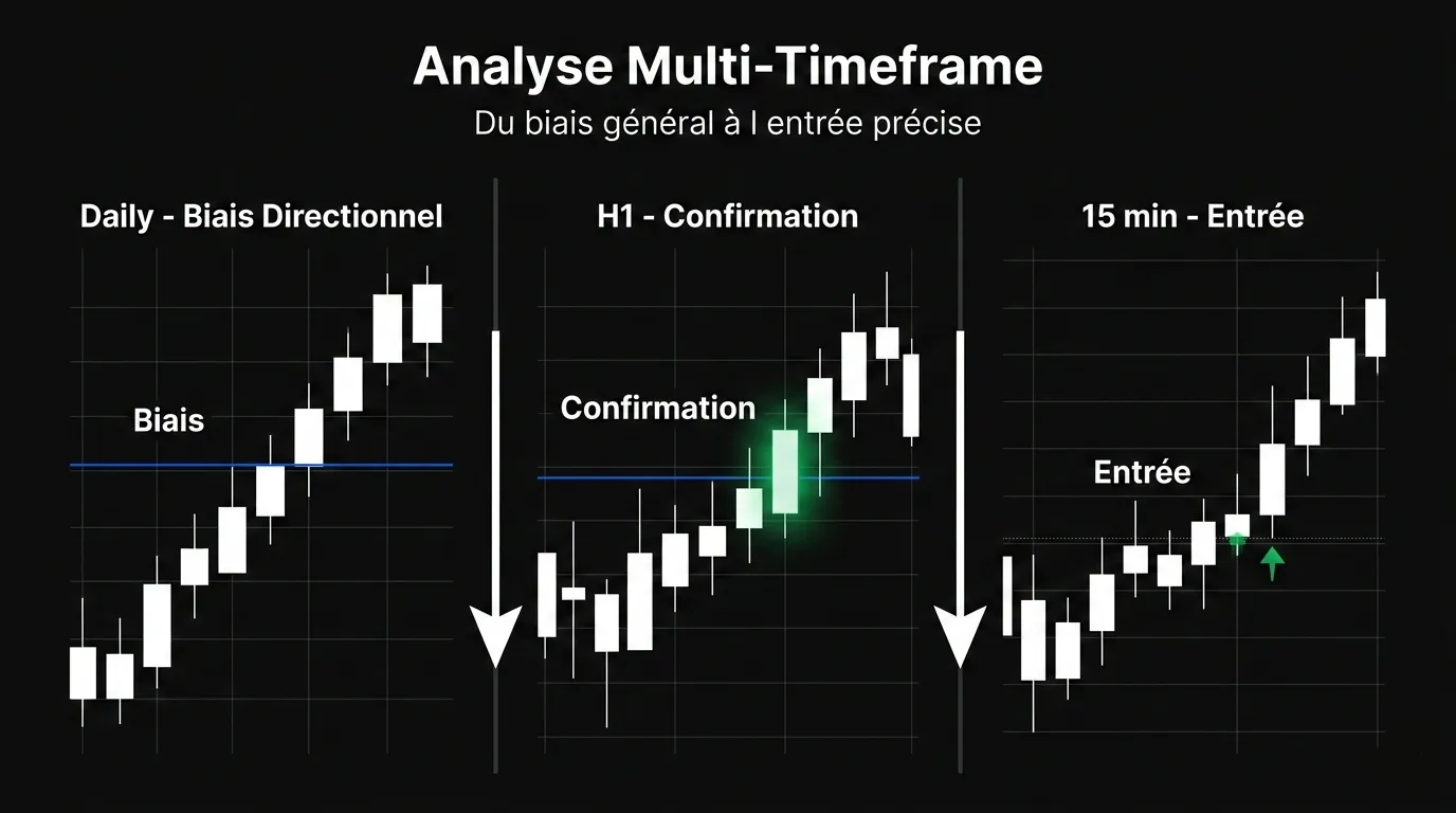 analyse multi timeframe bougie trading daily h1 15min cascade confirmation entrée chandelier japonais