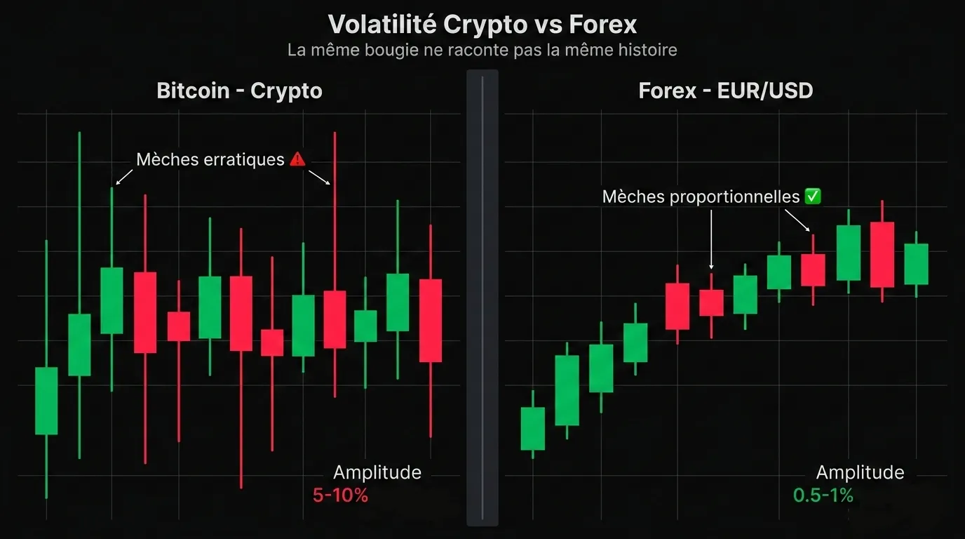 bougie trading crypto bitcoin volatilité vs forex mèches erratiques chandelier japonais comparatif