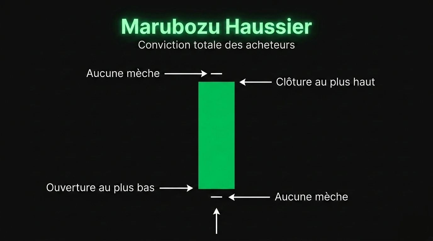 marubozu haussier bougie trading continuation acheteurs chandelier japonais sans mèche