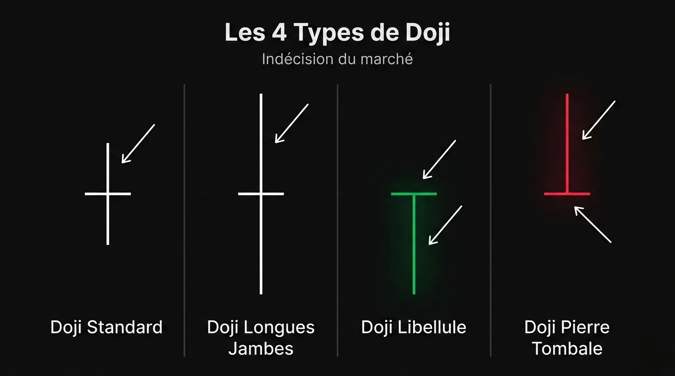 quatre types doji bougie trading indécision standard libellule pierre tombale chandelier japonais