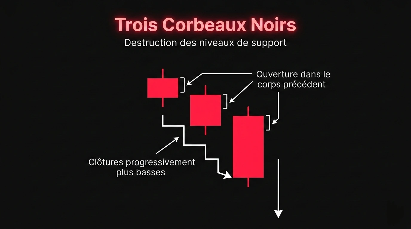 trois corbeaux noirs bougie trading pattern continuation baissière chandeliers japonais