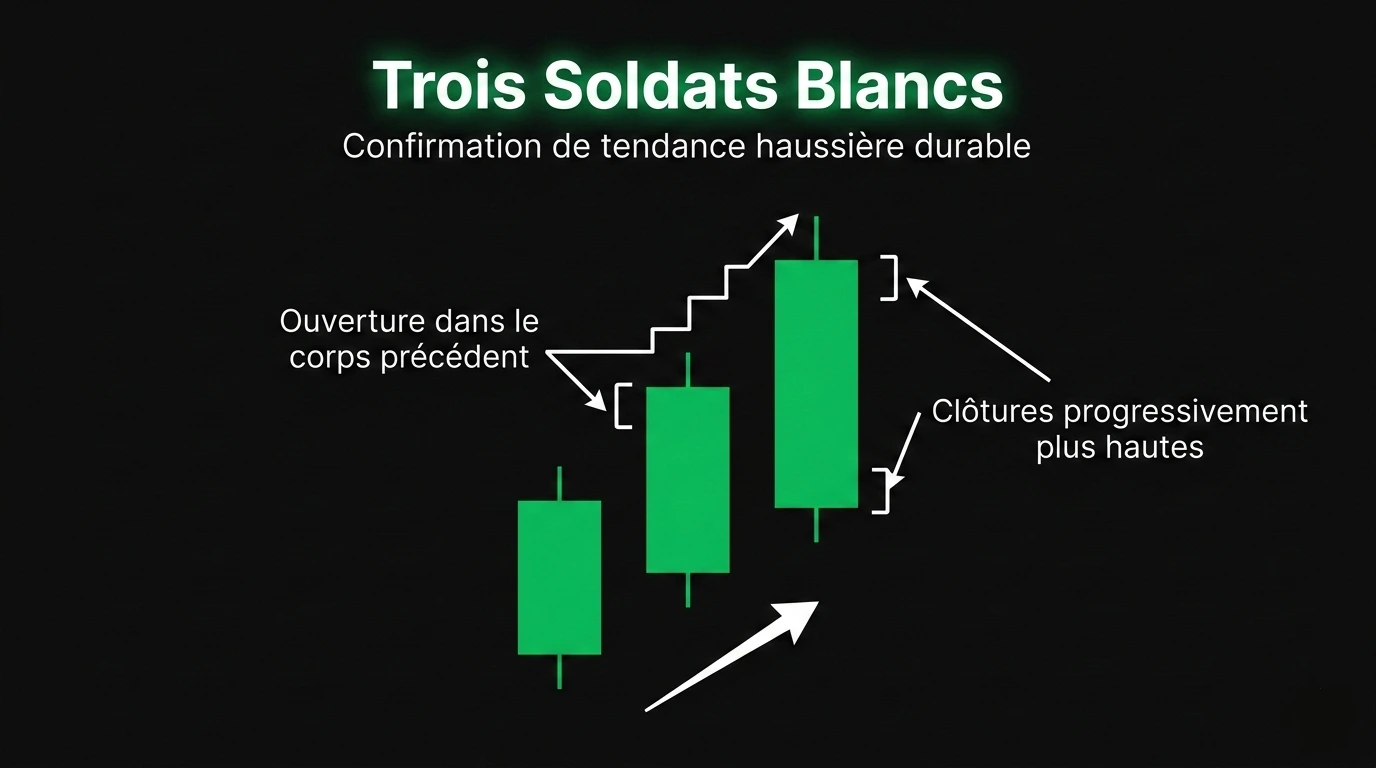 trois soldats blancs bougie trading pattern continuation haussière chandeliers japonais