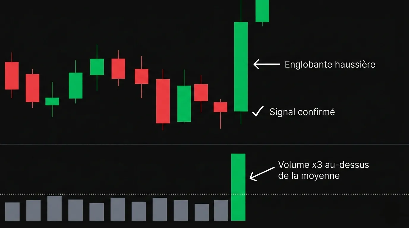 volume bougie trading englobante haussière confirmation signal chandelier japonais histogramme